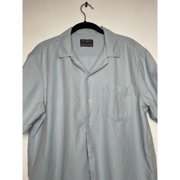 Primark Blue Button Up Mens Size Large Short Sleeve Dress Shirt Casual Solid - Picture 2 of 11